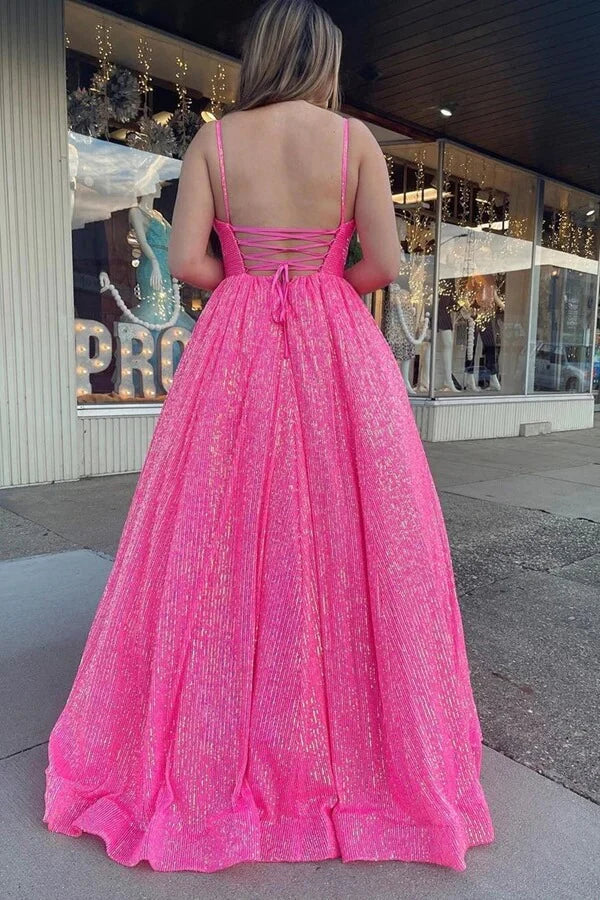 Vestidos de fiesta con escote en V, tirantes finos y corte A con bolsillos